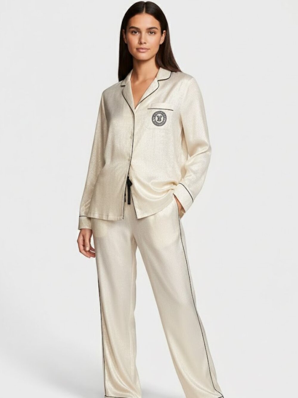 Victoria's Secret Satin Long Pajamas Set in Candlelight Foil Large NWT